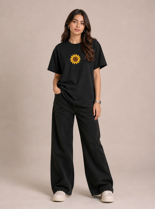 Sunflower Embroidered Tee (BLACK)