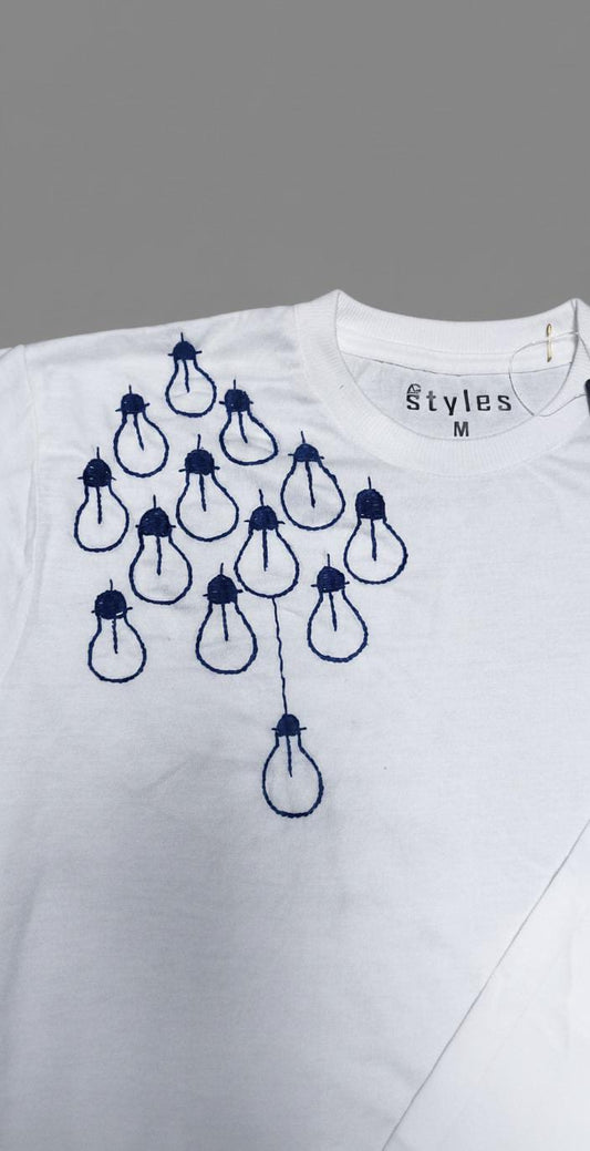 White Tee with Blue Bulb Design