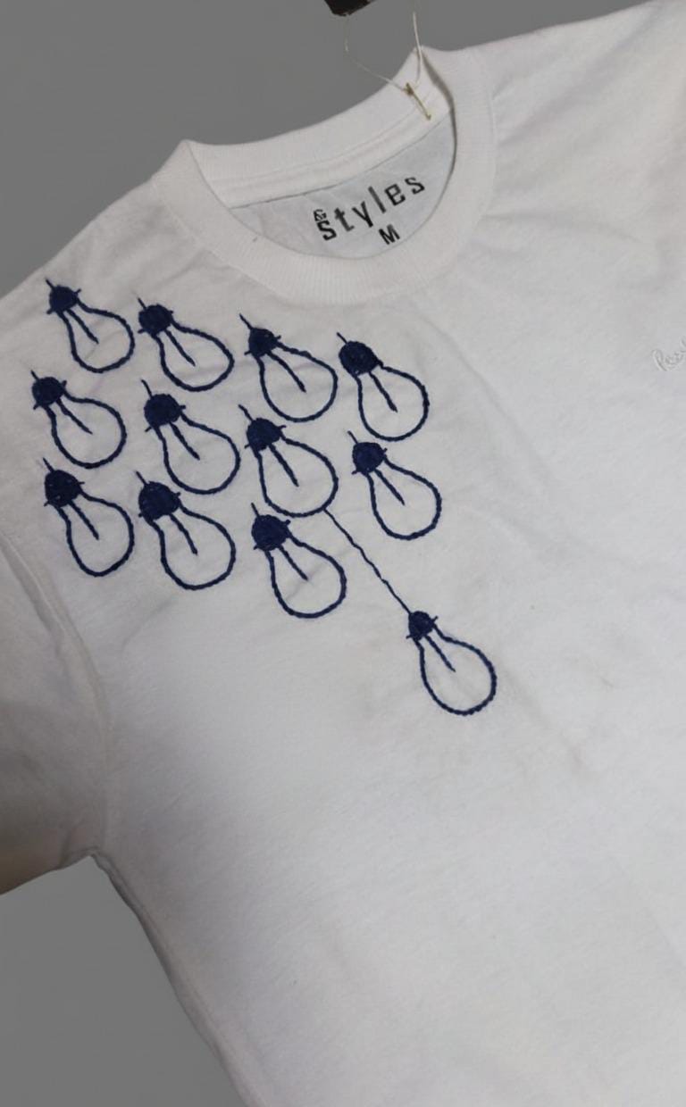 White Tee with Blue Bulb Design