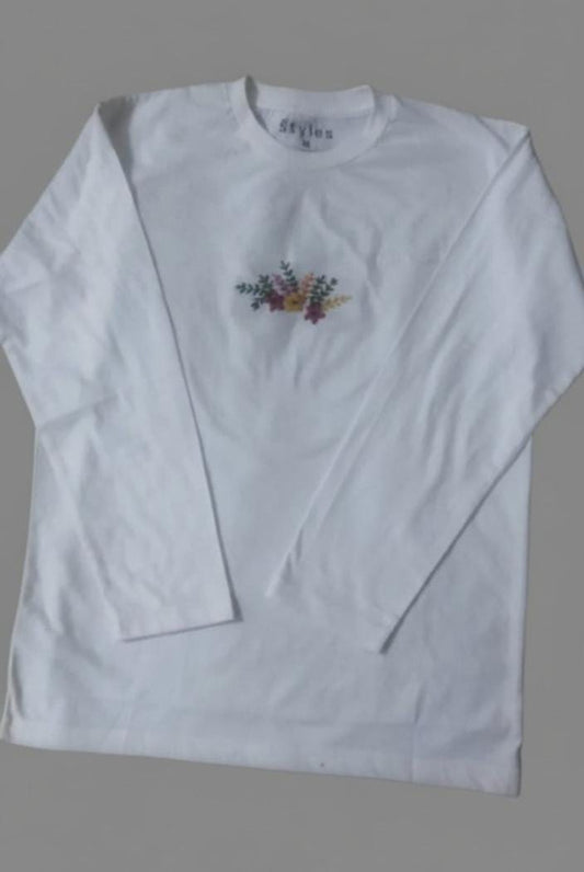 White Long-Sleeve Embroidered Floral T-Shirt