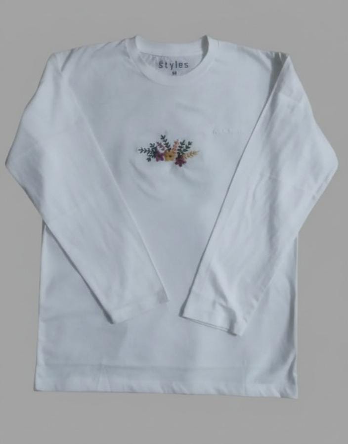 White Long-Sleeve Embroidered Floral T-Shirt