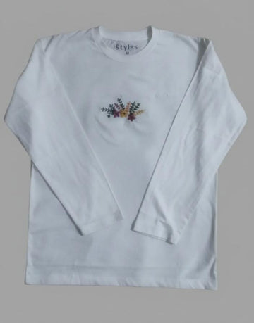 White Long-Sleeve Embroidered Floral T-Shirt